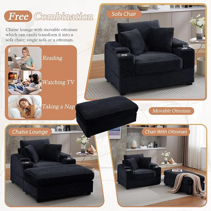 50 Oversized Chaise Lounge Chair Indoor with Ottoman and Storage Deep Seat Upholstered reading Chair Comfy Corduroy Sleeper Chair with Cup Holder Reclining Chair for Living Room Bedroom Black