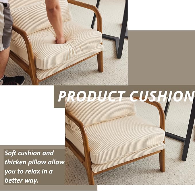 Karl home Mid-Century Modern Accent Chair Living Room Chairs with Pillow Corduroy Upholstered Lounge Armchair with Solid Wood Frame &amp Soft Cushion for Bedroom Reading Room Beige