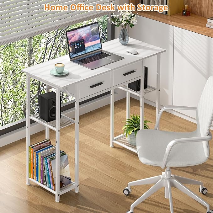 White Computer Desk with Drawers 37.3 Inch Home Office Work Desk with Storage Shelf Kids Teens Study Table for Small Space Small Writing PC Table for Bedroom Makeup Vanity Desk