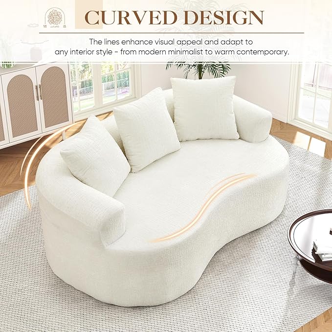 60 Curved Sectional Sofa for Small Spaces - Plush Chenille Modern Cloud Loveseat with Pocket Springs &amp Memory Foam Boneless Floor Couch for Living Room 27.6 Extra Deep Seat No Assembly (Beige