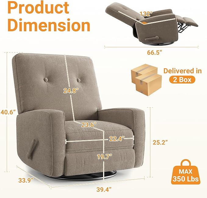 Recliner Chair 360° Swivel Rocking Glider Chair for Adults with Adjustable Backrest &amp Footrest Cozy Corduroy Upholstered Armchair for Living Rooms Bedrooms Apartments Brown Grey