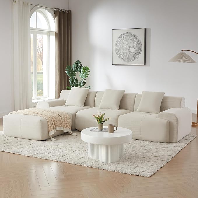 113 Cloud Compressed Modular Sectional Sofa Boneless Couch for Living Room Modern Corduroy Upholstered L-Shaped Corner Couch with Reversible Ottoman for Apartment | Deep Seat Wider Armrest Free Co