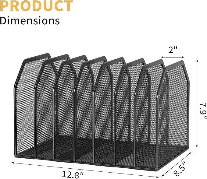 Metal 7-Section File Folder Organizer for Desk | Vertical Office File Holder | Heavy-Duty Mesh Document Sorter for Books Binders Laptops | Black Desk Organizer (12.8”x8.5”x7.9”)