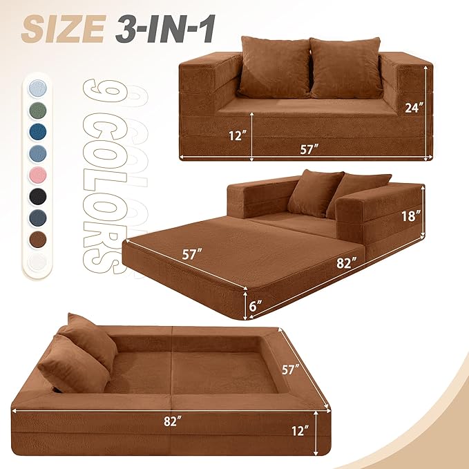 Futon Sofa Bed with Pillow 3-in-1 Sleeper Sofa Bed with Removable Cover Convertible Floor Sofa Bed No Assembly Boneless Couch for Living Room Bedroom