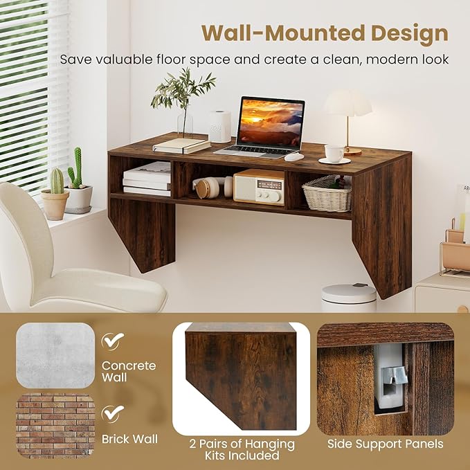 Giantex Wall-Mounted Computer Desk Floating Laptop Desk with 3 Storage Compartments Space-Saving Home Office Workstation Vanity Table for Bedroom Study Living Room (Rustic Brown)