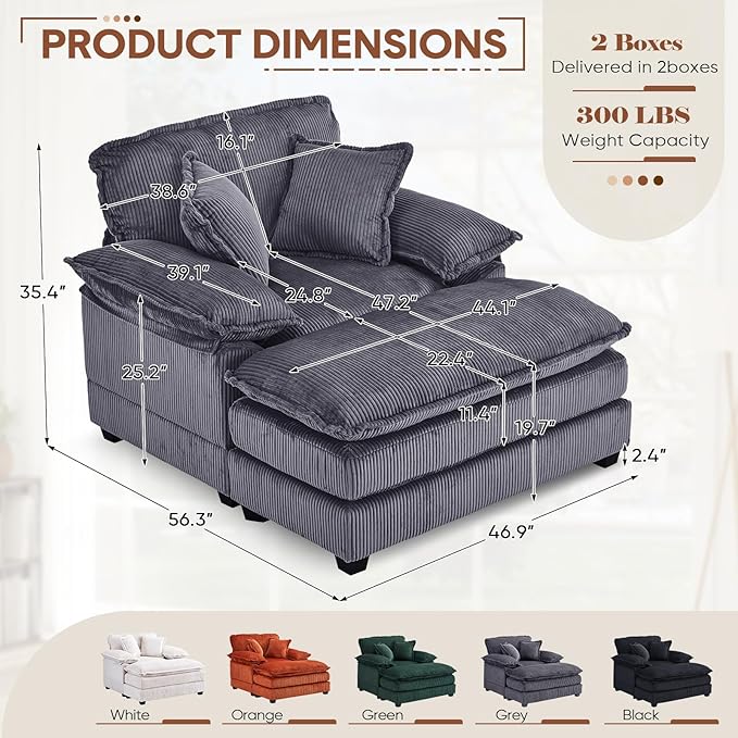 Oversized Chaise Lounge Indoor 56.3 Big Comfy Modern Sleeper with Removable Ottoman Wide Armrest and 2 Pillows Corduroy Couch with Deep Seat Lounge Chair for Living Room Reading Bedroom (Grey)