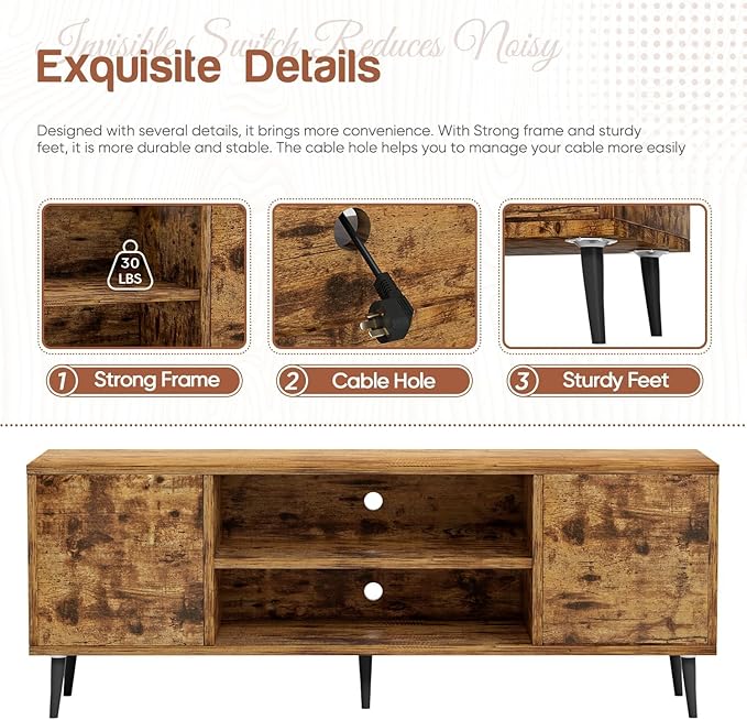 YESHOMY Modern TV Stand for 65 Television Entertainment Center with Two Storage Cabinets Retro Style Media Console for Living Room Bedroom Office 58 Inch Rustic Brown