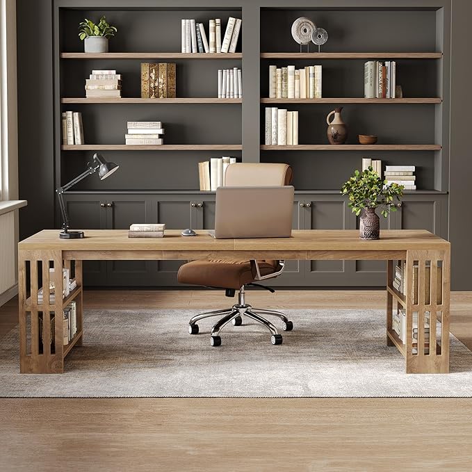 LITTLE TREE 78.7 Long Desk 2 Person Desk with Shelves Large Wooden Computer Desk Heavy Duty Shelf Legs Design for Two Person Home Office Business Workstation Natural (78.7 W x 23.6 D)