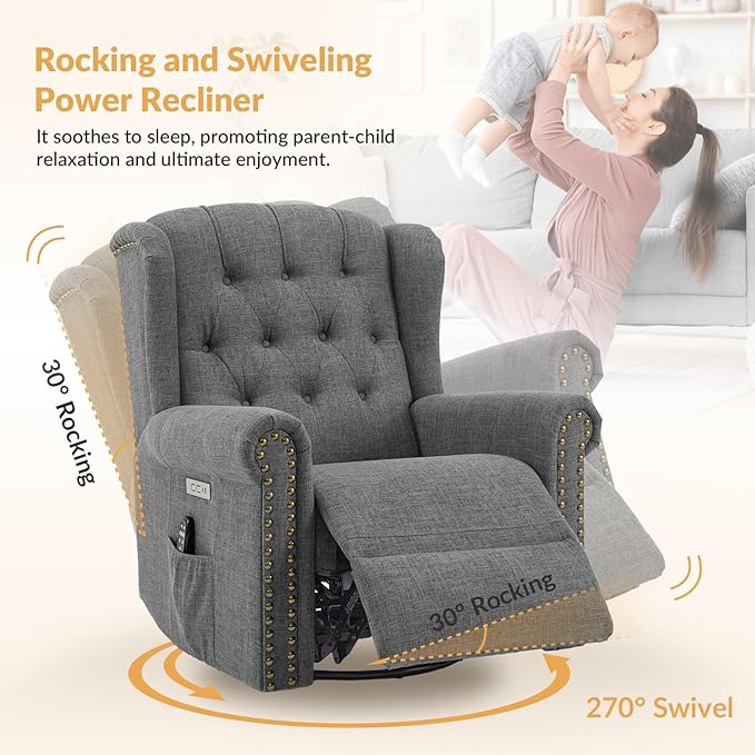 Power Swivel Rocking Glider Recliner Chair Electric Nursery Reclining Sofa Chair with Heat and Massage Wingback Tufted Upholstered Recliner for Living Room USB and Type-C Ports Grey