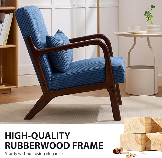 Mid-Century Modern Accent Chair Arm Chair Living Room Chairs with Pillow Upholstered Reading Chair with Solid Wood Frame &amp Corduroy Fabrics for Living Room Bedroom Balcony (Corduroy Sapphire Blu