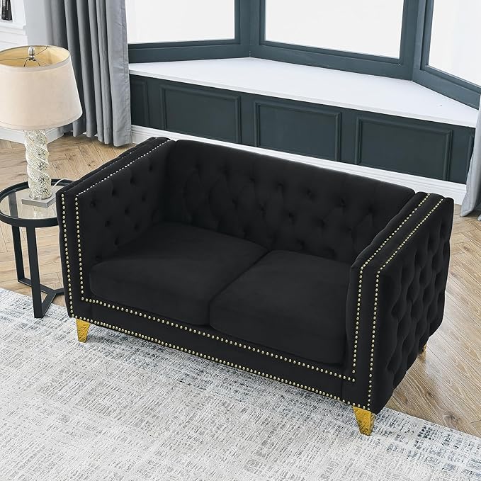 Antetek Comfy Upholstered Couches for Living Room 58-inch Modern Button Tufted Loveseat Sofa w/Square Arm 4 Golden Metal Legs and Gold Nail Heads for Living Room Office Apartment Black