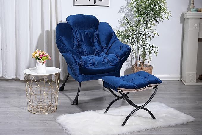Living Room Chairs Modern Cotton Fabric Lazy Chair Accent Contemporary Lounge Chair Single Steel e Leisure Sofa Chair with Armrests and A Side Pocket (Blue)with Ottomanwith footrest