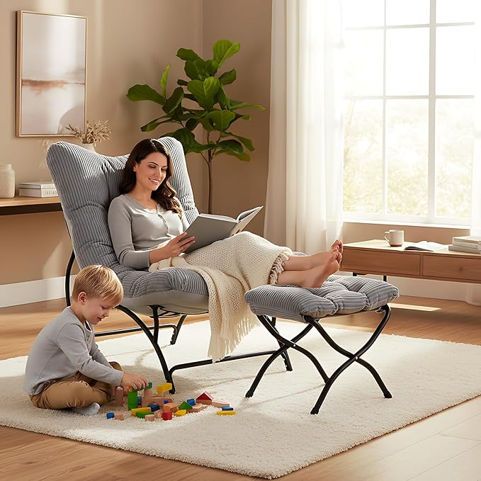 Welnow Modern Accent Chair with Ottoman Upholstered Comfy Lounge Recliner Sofa Thick Cushion Oversized Lazy Reading Chair with Footrest for Living Room Bedroom Apartment Office Dorm Light Grey