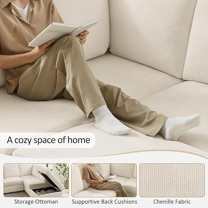 VANOMi 94 Sectional Sleeper Sofa with Pull Out Couch Comfy 6 Seater L Shaped Modular Sofa with Storage Ottoman Modern Convertible Chenille Cloud Couches for Living Room Apartment Beige