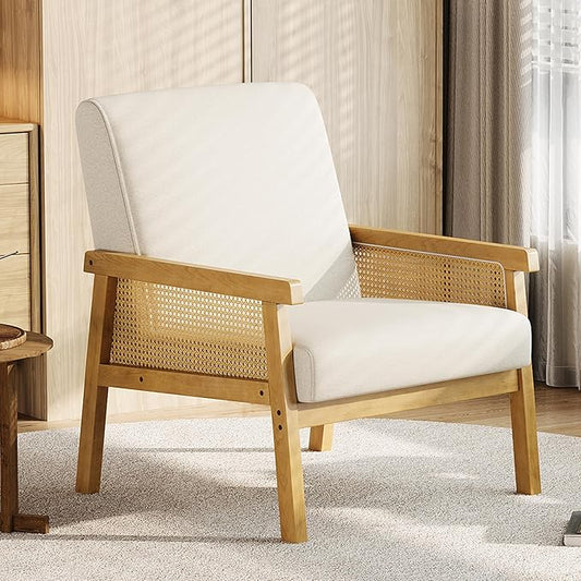 Garvee Linen Accent Chair Rattan Armchair with Wooden Frame High Back Upholstered Reading Chair Leisure Chairs for Living Room Bedroom Waiting Room Reception Beige