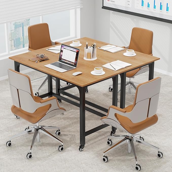 Tangkula Conference Room Table Set of 4 Mobile Computer Desk with Removable Storage Bag &amp 2 Hanging Hooks Rolling Meeting Table with Heavy-Duty Metal Frame Conference Desk (Natural)