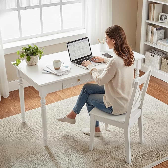 31-inch Solid Wood Desk: A Space-Saving Choice for Small Apartments | Elegant White French Country Style Computer Desk &amp Bedroom Dressing Table | Sturdy Durable and Wobble-Free Workbench