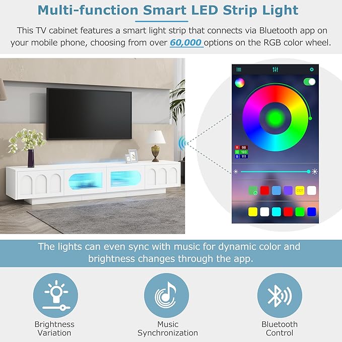 Merax TV Stand for Televisions Up to 95'' Functional Media Console with APP-Controlled Smart LED Light Arched Cabinet Doors and Fluted Glass Doors Entertainment Center for Living Room White