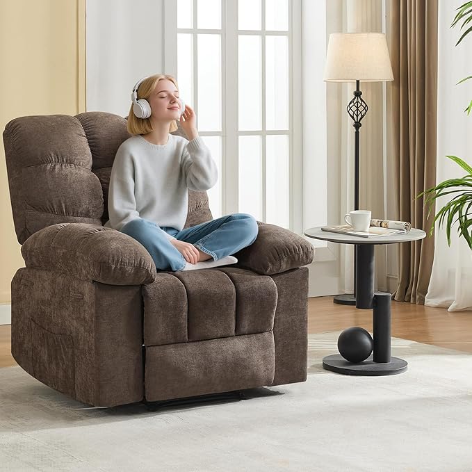 Massage &amp Heating Recliner Chair for Adults 150° Manual Oversized Recliner with Extra Wide Plush Seat Soft Overstuffed Chair for Living Room BedroomBrown