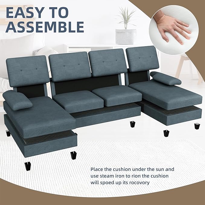 Nuturelly Nutually Sectional Couches for Living Room Convertible U-Shaped Sofa Couch with Double Chaise 4 Seat Sofa Set Modular Sofa Couch with Linen Fabric for Apartment Dark Gray