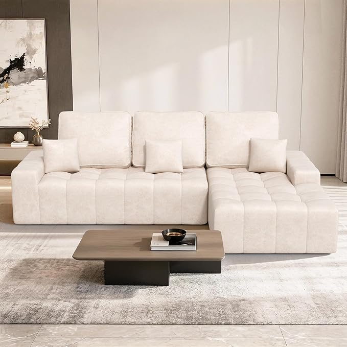 108'' Modular Sectional Sofa with Chaise Lounge L Shape Faux Leather Cloud Boneless Couch 3 Seater Deep Seat and 3 pcs Back Cushions for Living Room Bedroom(Right Facing)