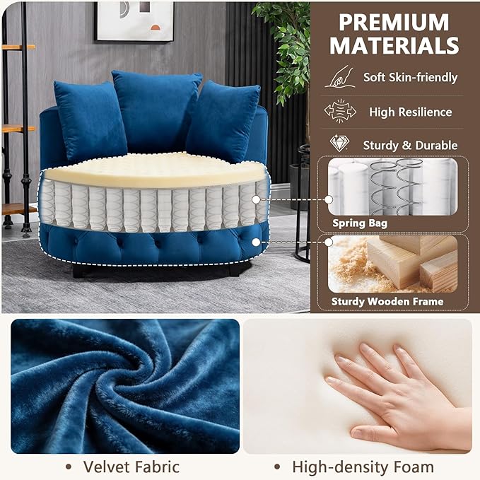 mikibama 40.6'' W Oversized Barrel Chair Blue Accent Chair for Living Room Round Oversized Chair with 3 Pillows Deep Seat Extra Wide Velvet