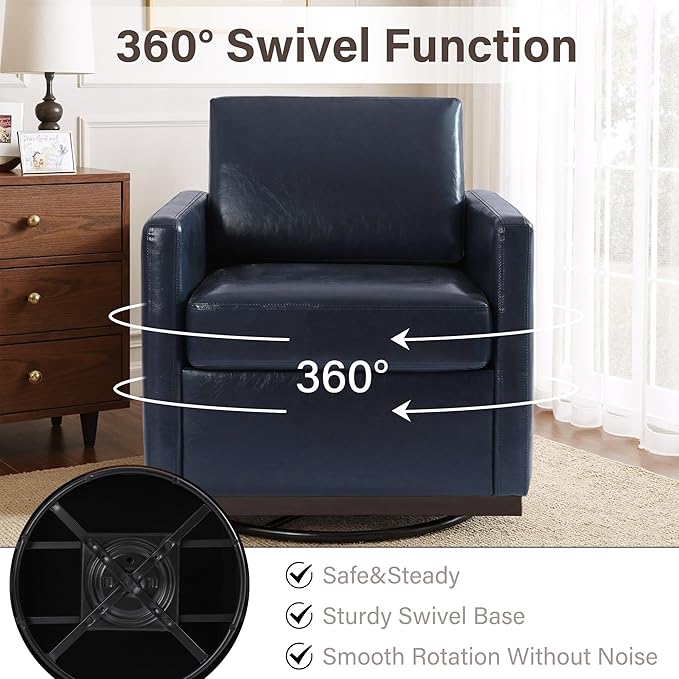 Faux Leather Swivel Accent Chairs Set of 2 360° Swivel Upholstered Club Armchairs for Living Room 31 Wide Square Single Sofa Reading Chair with Deep Seat Metal Swivel Base Navy