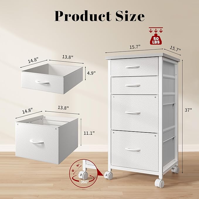4 Drawers Mobile File Cabinet Vertical Filing Cabinet with Fabric Drawer Fits A4/Letter Size Printer Stand for Home OfficeWhite