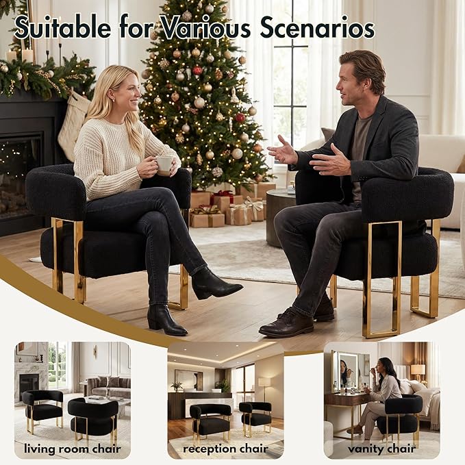 Barrel Accent Chairs Set of 2 Comfy Sherpa Upholstered Armchairs for Living Room with Semi-Open Back Reading Accent Chairs with Gold Metal Legs for Bedroom Vanity Reception Black
