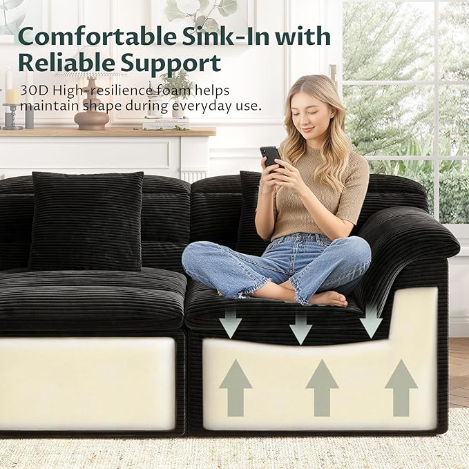 112 Modular Cloud Sectional Couch with Ottoman Modern Upholstered Compressed Sofa with Deep Seat Comfy L-Shape Corduroy Couches for Living Room No Assembly Required Black