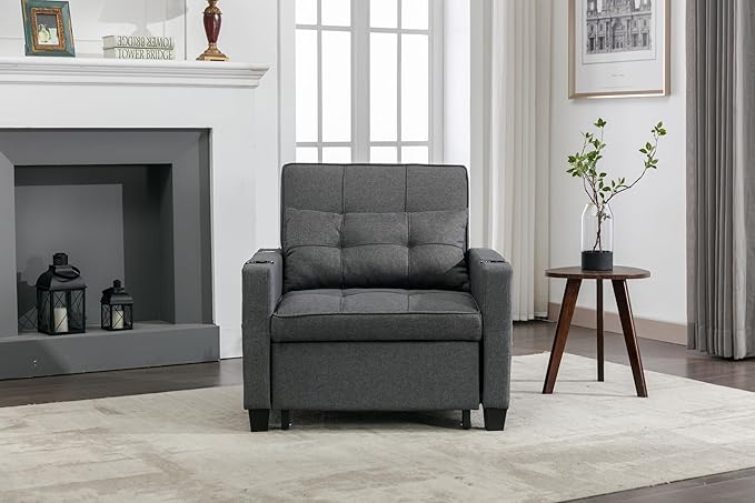 Futon Chair Bed Convertible Sleeper Chair3-in-1 Lazy Chair with USB PortsPull Out Chair Sleeper for Living Room Office Apartment (Linen Dark Grey)