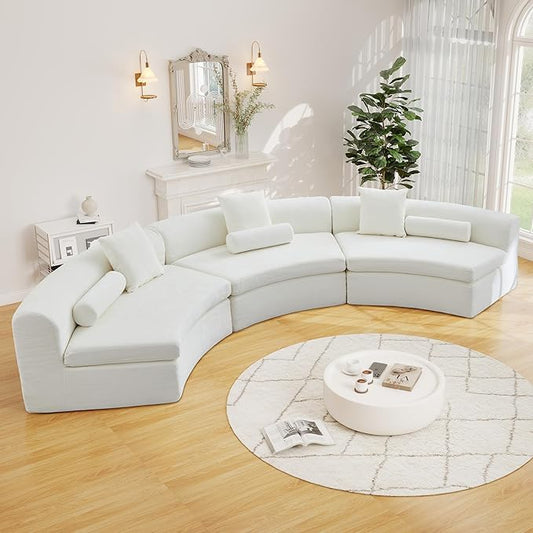 AVZEAR Curved Modular Sectional Sofa Chenille Upholstered Cloud 3 Seater Couch for Living Room No Assembly Modern Love Seat Sofa with 3 Bolster Pillows &amp 3 Square Pillows High-Density Foam Whi