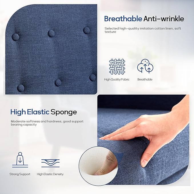 HUIMO Accent Chair Arm Chair Set of 2 Button Tufted Upholstered Reading Chair Linen Fabric Mid Century Modern Chairs for Bedroom Living Room Chair Comfy Sofa Chair(2 Dark Blue)