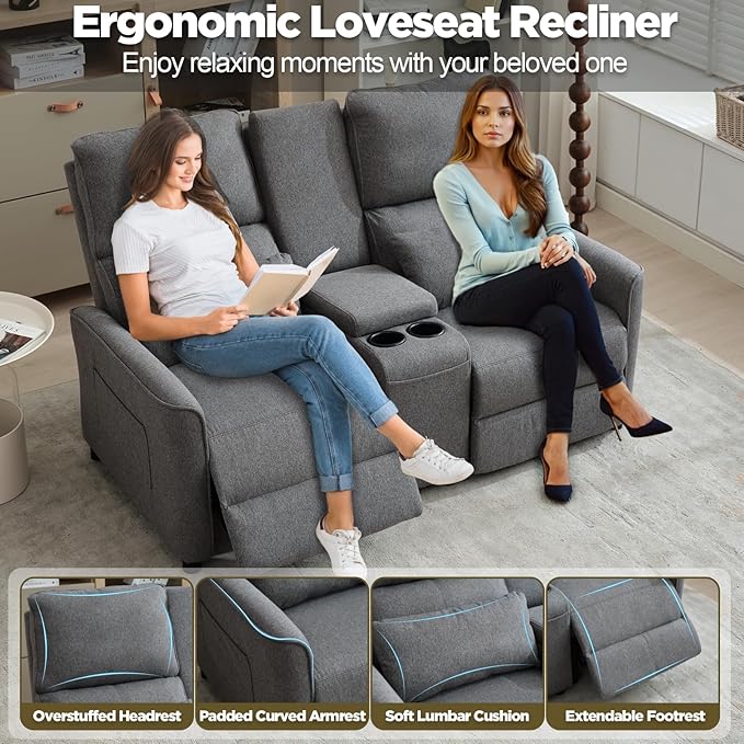 MANBUR Push-Back Reclining Loveseat with Console Loveseat Reclining Sofa Home Theater Seating RV Recliner Sofa Recliners Double Recliner Couch with Storage Pockets &amp Cup Holders Gray