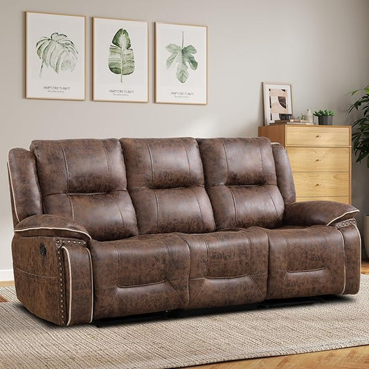 EBELLO Faux Leather Manual Recliner 3 Seater Reclining Sofa Chair 3 Seat Sofa Couch with Hidden Cup Holders Vintage Rivet Mid-Century Design for Living Room Meeting Room Brown