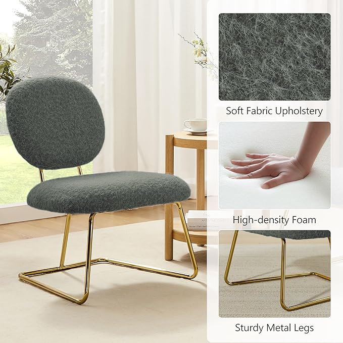 Zouron Fabric Slipper Chair Upholstered Living Room Chair with Gold Frame Armless Single Sofa Chair for Bedroom Study Black Grey
