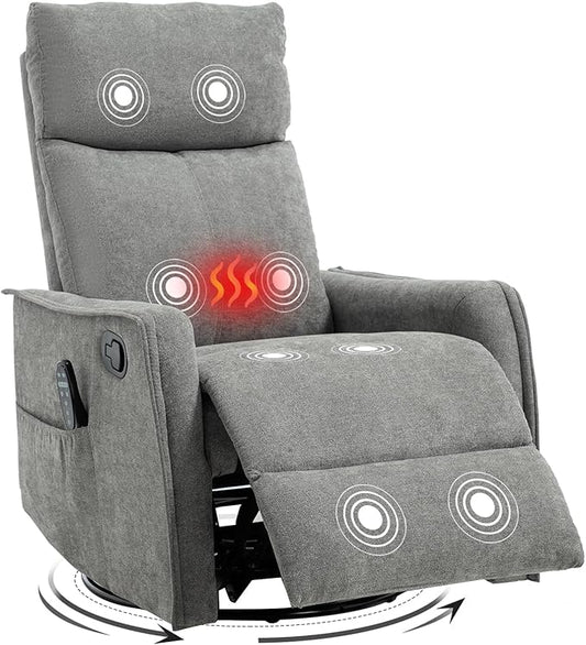 Swivel Rocker Recliner Chair 360° Swivel Recliner with Heat and Massage Rocker Recliner Easy to Clean Nursery Glider Recliner Chair with Side Pockets for Living Room Light Grey