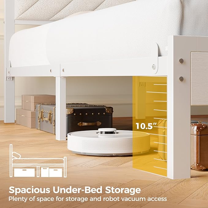 Seventable Bed Frame Full Size with Charging Station LED Bed with Upholstered Storage Headboard Metal Platform Bed with Under Bed Storage No Box Spring Needed Noise Free Easy Assembly White