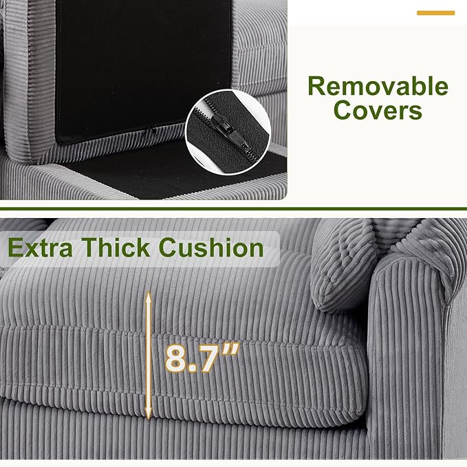Corduroy Sofa Set Upholstered Armchair and 3-Seater Couch with Plush Cushions and Rolled Arms Modern Living Room Furniture SetsGrey