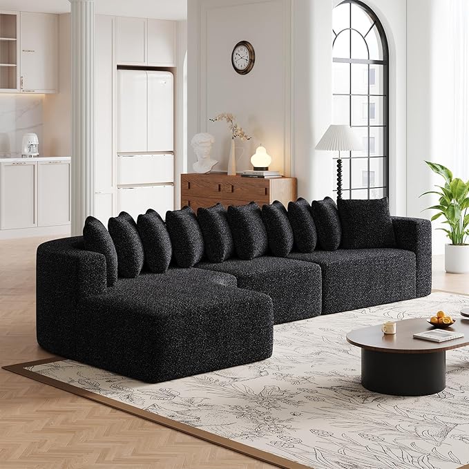 131” Oversized L Shaped Couch with Left Facing Chaise Corner Curved Modular Sectional Sofa with 10 Throw Pillows Chenille Memory Foam Compressed Sleeper Sofa Couch for Living Room Office Black
