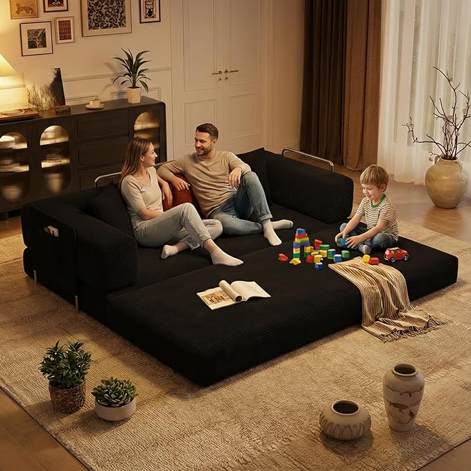 78.8 Boneless Sleeper Sofa BedConvertible Futon Couch with Storage Pocket and 2 PillowsModular Corduroy Sofa for livingroomSmall speaceBlack