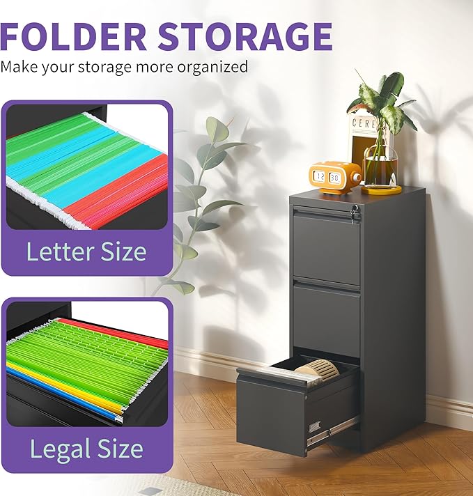 3 Drawer Small Metal Vertical File Cabinet with Lock Under Desk Storage Organizer Filing Cabinets for Home Office Locking Drawers for A4 Legal/Letter SizeBlack