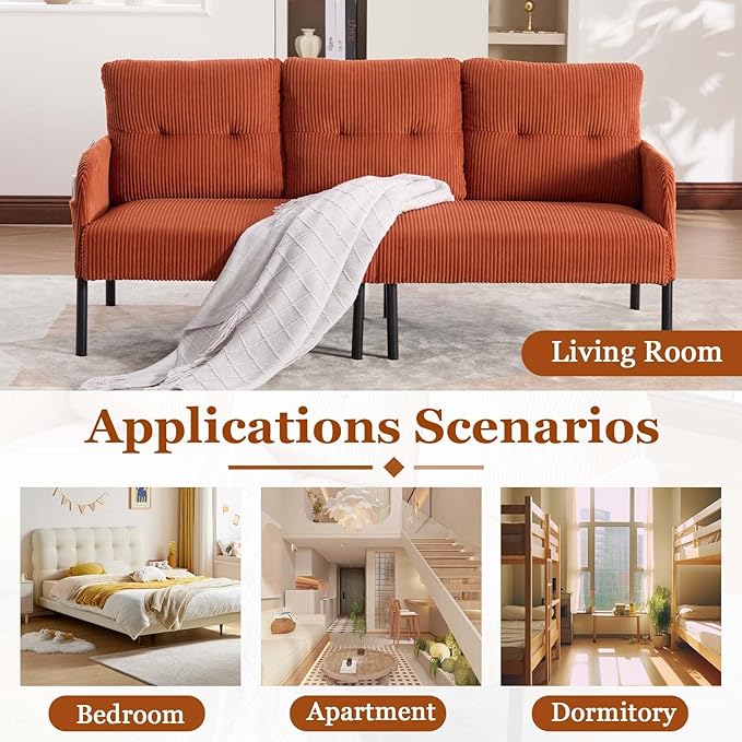 Loveseat Sofa 67” Small Sofa Couch for Living Room Comfy Corduroy Fabric Love Seat for Bedroom with Throw PillowRemovable Cushion CoverCouches for Small SpaceApartmentDorm (Orange)