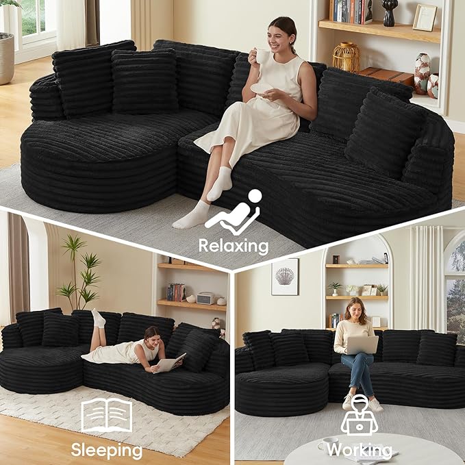 121 Cloud Sectional CouchOversized Corduroy Couches with L-Shape ChaiseModern Modular Sofa with Deep SeatUpholstered Boneless Couch for Living Room (Black Left Facing Chaise)