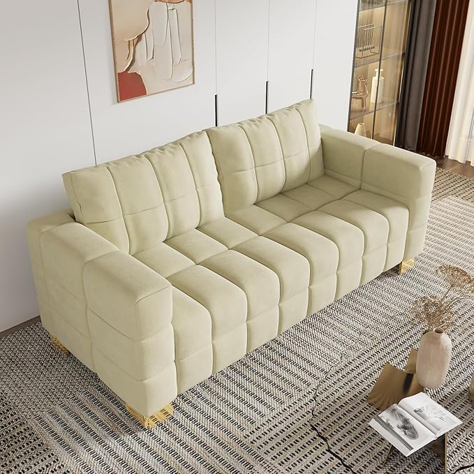 81.89 Sofa Comfy 3 Seat Sofa Tufted Chenille Upholstered Sofa Couch for Living Room with Gold Metal Legs and 2 Throw Pillows (BAIGE-N)