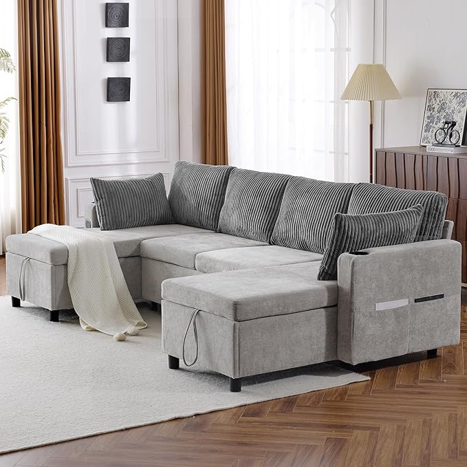 Merax Pull-Out Sofa Bed Sleeper Pull Out Sectional Couch with Storage USB Cup Holder for Living Room Apartment Gray