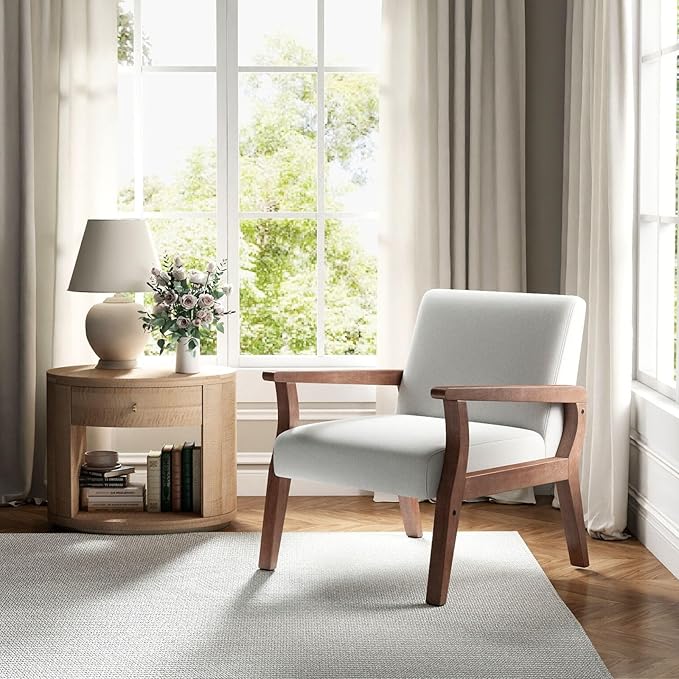 Beige Accent Chair Set of 2 Mid Century Modern Living Room Armchair Wood Sitting Chair Linen Fabric Upholstered Side Chair for Bedroom Cream