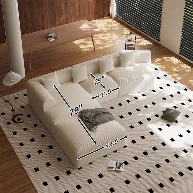 158” Oversized Modular Cloud Couch Boneless 5-Seat Sectional Sofa with Chaise &amp Movable Ottoman Plush Corduroy Deep Seat No Assembly Required(Beige White)