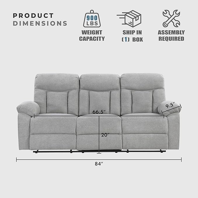 Lexicon Manual Double Recliner Couch for Living Room Chenille Fabric Upholstered Reclining Sofa Home Theater Seating Easy Assembly Recliner Couch Gray
