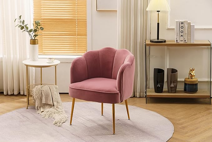 Shell Shape Velvet Fabric Armchair Accent Chair with Gold Legs for Living Room BedroomPink